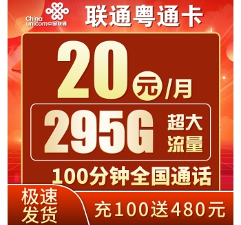 联通粤通卡20元295G+100分钟